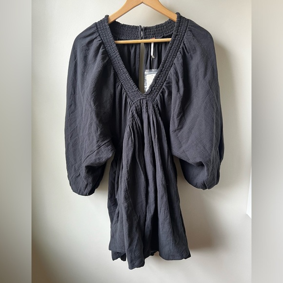NWT FREE PEOPLE Babydoll Mini Dress For The Moment Boho Empire Waist Y2K Black M - Picture 2 of 10